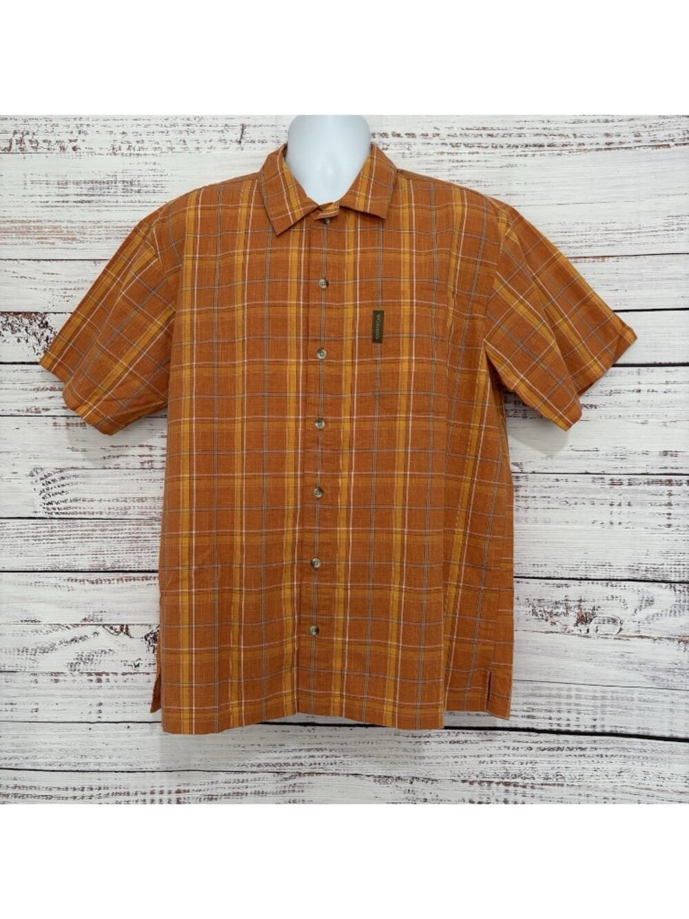 Columbia Orange Plaid Button Front Short Sleeve Shirt